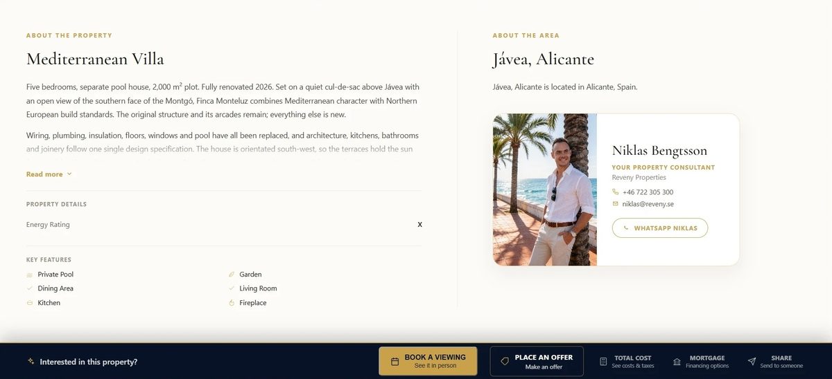 The same listing rebranded on Rebrand: property description, area section and agent contact card